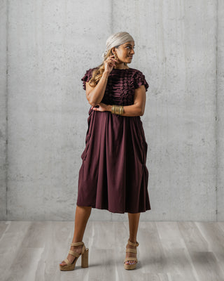 Button Bodice Midi Dress - Wine