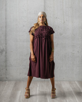 Button Bodice Midi Dress - Wine