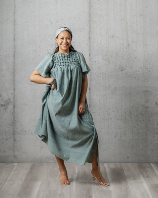 Button Masala Slashed Shoulder Midi Dress -Linen