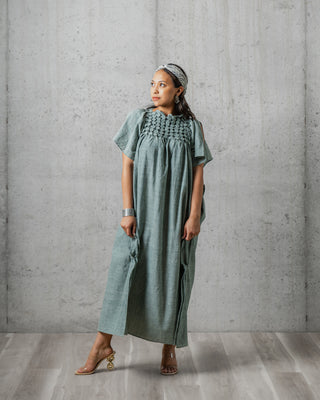 Button Masala Slashed Shoulder Midi Dress -Linen