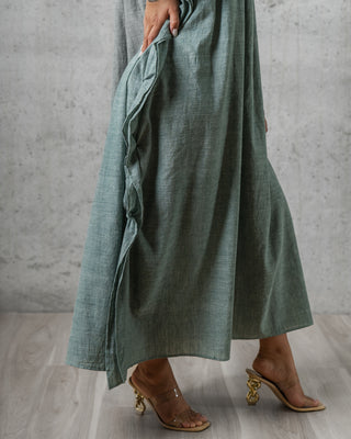 Button Masala Slashed Shoulder Midi Dress -Linen