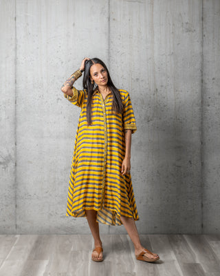 Zen Stripes Bagru Print Sleeved Dress