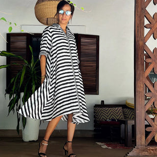 Zen Stripes Bagru Print Sleeved Dress